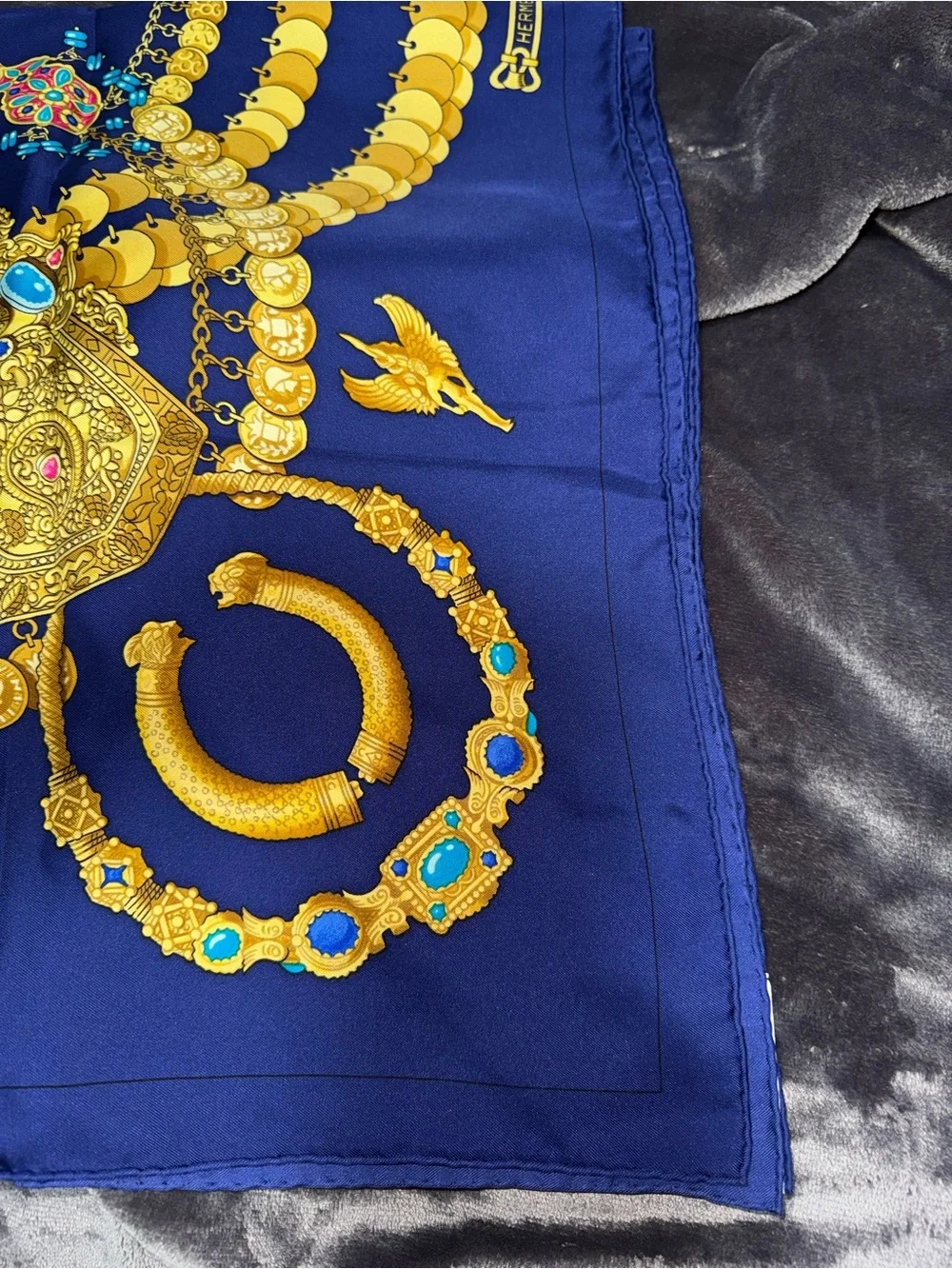 Hermes Navy Blue and Gold Decorative Women's Silk Scarf Vintage